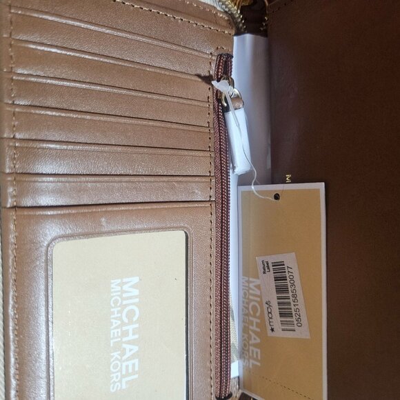 Michael Kors Logo Zip-Around Wristlet Wallet Beige/Brown Leather & Canvas - Picture 8 of 12